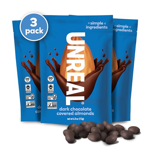 UNREAL Dark Chocolate Almonds – Certified Vegan, Gluten Free, Fair Trade, Non-GMO, No Sugar Alcohols or Soy (3 bags)