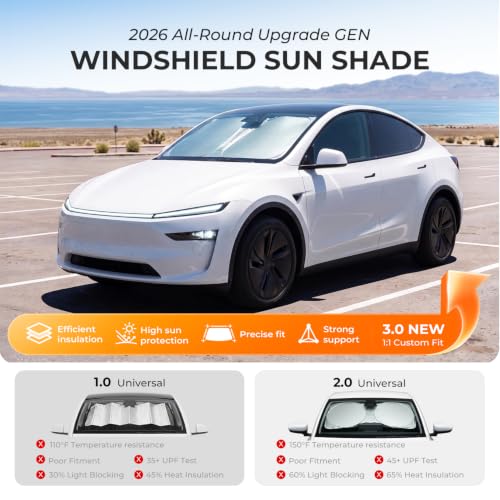 Image of [2026 Upgraded] DooGooCoo Windshield Sun Shade for Tesla Model Y & Model 3 2017-2026 [Cooling Ice-Crystal, 100% Sun Block] Sunshade for Car Windshield for Tesla Model 3 Sunshade Model Y Sunshade.