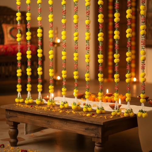 Image of iHandikart Pack of 4 Artificial Marigold Flower Garland with Multicolor Jasmine Leaves (57 Inch) - Decorative Floral Strings for Pooja, Temple, Diwali, Wedding, Haldi, Mehandi & Festive Home Decor