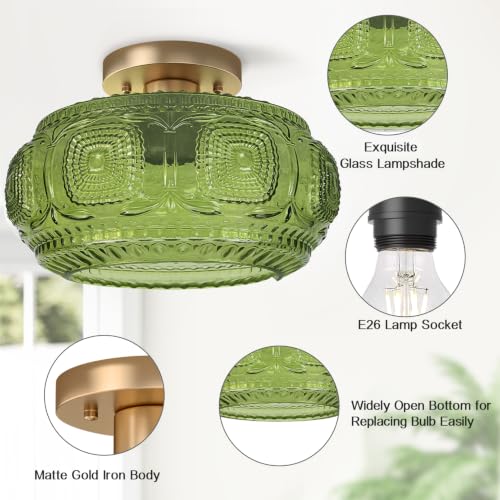 Image of 12 inch Art Deco Glass Semi Flush Mount Ceiling Light Fixture, Green