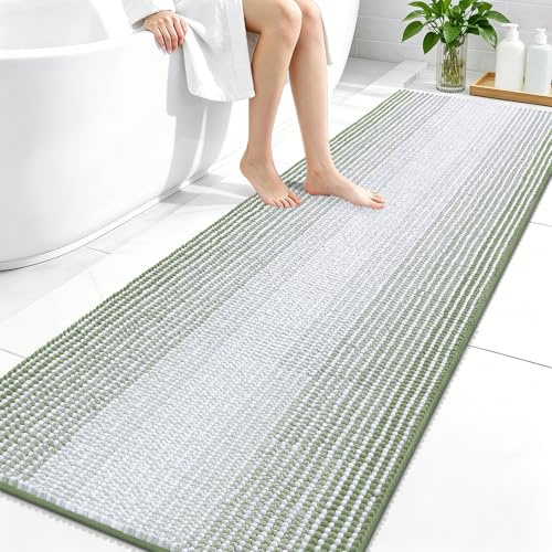 Image of OLANLY Bathroom Runner Rugs 70x24, Extra Soft Absorbent Chenille Striped Bath Rugs, Rubber Backing, Machine Wash Dry, Long Bath Mats for Bathroom, Tub, Shower, Home Decor Accessories, Sage Green