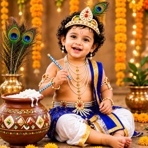 Image of Raj Costume Shri Krishna Dress for Kids, Bal Krishna Costume for Baby Boy and Girl, Janmashtami Fancy Dress Costume, Krishna Dress for Kids