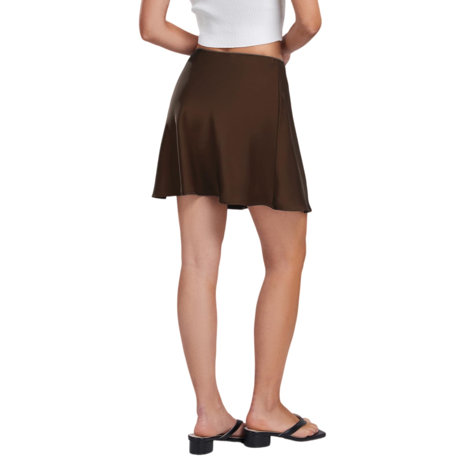 Minigonna Donna Alta Vita Raso A-Linea Mini Gonna Pizzo Finitura Arco Elegante Casual, Dettaglio Gonna-Brown-s