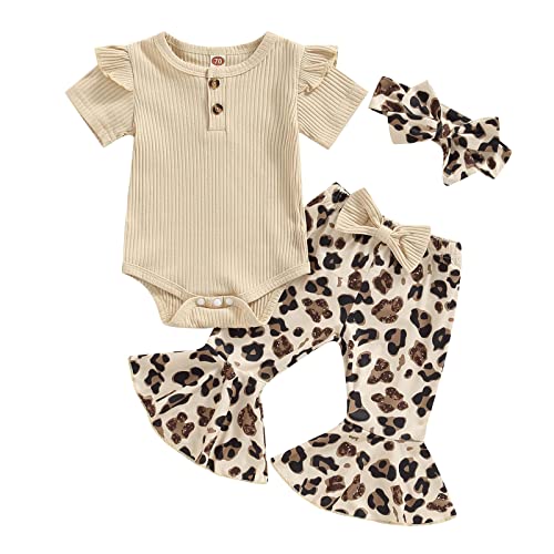 Image of Hnyenmcko Newborn Baby Girl Clothes Ribbed Long Sleeve Ruffle Romper Bell-Bottom Pants Headband Set 3Pcs Fall Winter Outfits