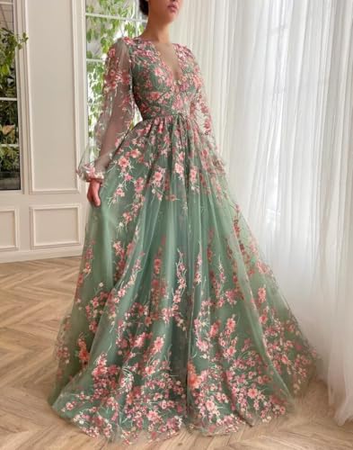 Yuxin Puffy Sleeve Flower Prom Dresses for Women 2025 Long Embroidered Tulle Lace Formal Evening Party Gowns with Pocket 8693