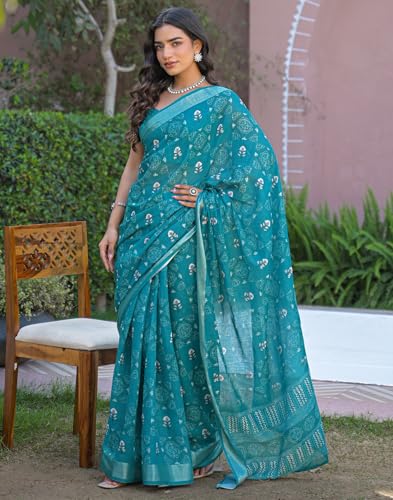 Image of SIRIL Women's Printed Cotton Saree with Unstitched Blouse Piece