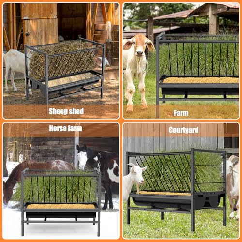 BREUAILY Heuraufe Pferd Metall Groß Heu & Getreide Futterraufe Heavy-Duty Ohne Abfall Freistehende Ziegen Heuraufe Futterspender für Schafe Ziegen Pferde Vieh 107*65*90cm
