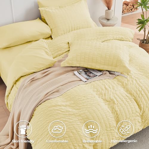 Image of HYMOKEGE Yellow Full Size Comforter Sets Seersucker 7 Pieces, All Season Luxury Bed in a Bag for Bedroom, Bedding Set with Comforter, Sheets, Pillowcases & Shams