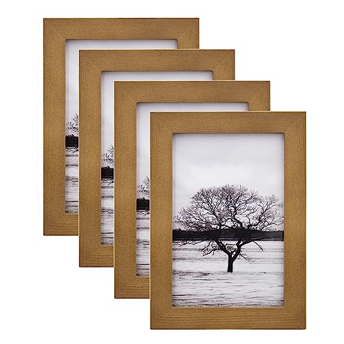 EGOFINE 6x4 Photo Frames Set of 4,Solid Wood Frames with Acrylic Glass,Matted for 3.5x5/4x6 inch Picture,6x4 Picture Frames for Tabletop and Wall Mounting,10x15cm Small frames, Light Brown