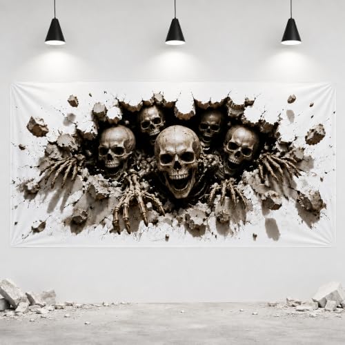 Image of Halloween Decorations Outdoor, Plastic Backdrop 65 inch x 32.7 inch, Skull Halloween Backdrop for Home, Wall, Window, Spooky Party, Indoor Outdoor Halloween Decorations