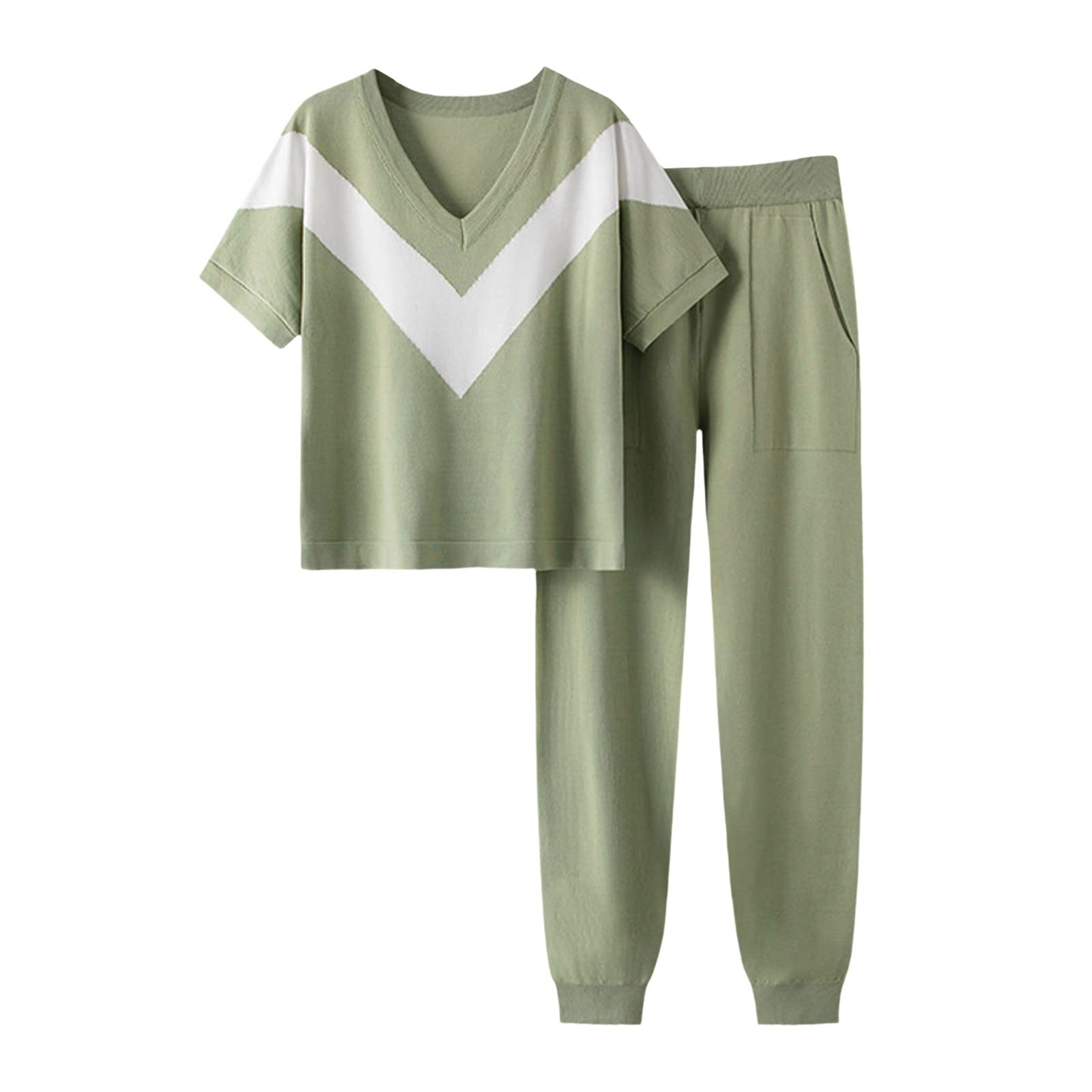 FGUUTYM Mujeres Verano Casual Top Y Pantalones Conjuntos De Color Sólido De Punto De Dos Piezas Conjunto Suéter De Punto Traje Yoga Top