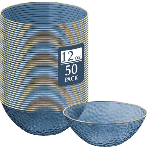 Jingmore 50 Pcs 12 oz Clear Plastic Bowls Hammered with Gold Rimmed, Heavyweight Disposable Bowl Set, Salad Dinner Bowls for Party, Wedding, Holiday, Catering (Blue)