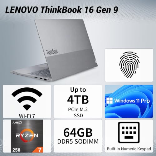 Image of Lenovo ThinkBook 16 Gen 9 Laptop with AMD Ryzen 7 250, 16GB RAM + 512GB SSD | 16 inch FHD+ IPS, Wi-Fi 7, HDMI, Fingerprint Reader, RJ 45, SD Card Reader, IR Camera, Win 11 Pro, Business Laptop, w /Bundle