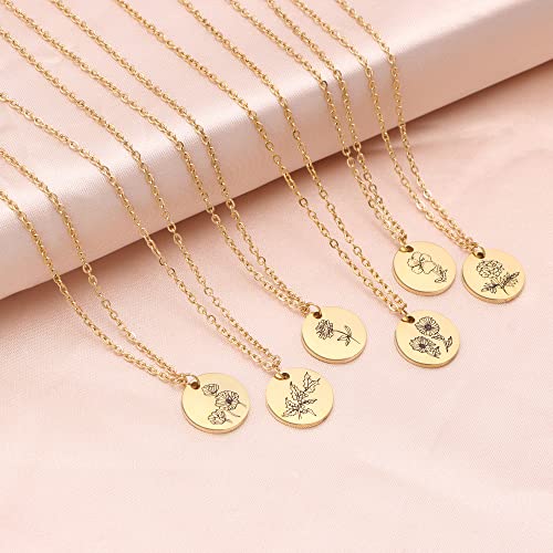 Birth Month Flower Pendant Necklace 18K Gold Plated Dainty Simple Month Birth Floral Disc Pendant Engrave Coin Necklace Minimalist Delicate Mom Daughter Gift for Her4