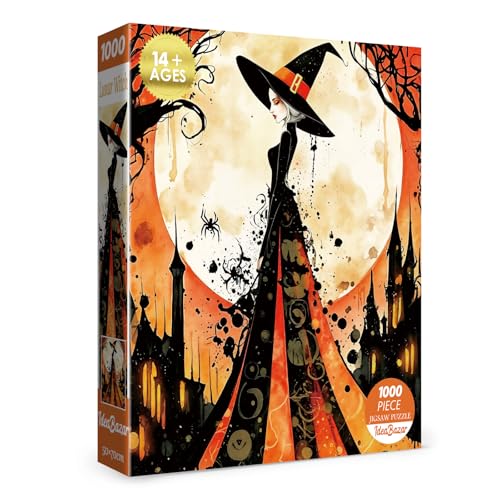 Halloween Vintage Witch Puzzles for Adults 1000 Pieces Fun, Beautiful Moon Tree Country House Gothic Jigsaw Puzzles, Pretty Fall Painting Autumn Scenery Fantasy Puzzle