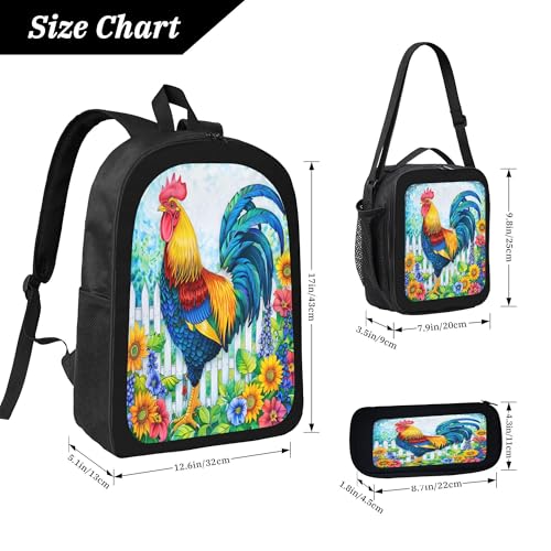 3PCS Backpack for Women Men With Lunch Box Pencil Bag 17 Inch Lightweight Adjustable Strap Back Pack 3 In 1 Set Animal Rooster Beauty Daypack Unisex Fit Travel Work Camping3