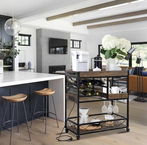 Bar-Cart-with-Power-Outlet-Industrial-Kitchen-Serving-Cart-with-Wine-Rack-Glass-Holder-Coffee-Bar-Table-Station-with-Storage-Rolling-Cart-on-Wheels-with-59IN-Cord-Brown Bar Cart with Power Outlet Industrial Kitchen Serving Cart with Wine Rack Glass Holder Coffee Bar Table Station with Storage Rolling Cart on Wheels with 59IN Cord Brown