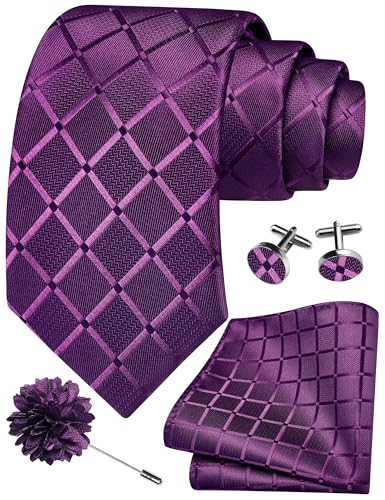 Image of GUSLESON 3.15 inch（8cm） Mens Tie and Lapel Pin Plaid Checkered Necktie Hankerchief Cufflinks Set for Men