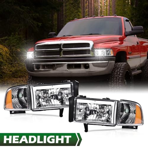 Image of GRAND ORANGE LED DRL Headlights Assembly, Compatible with Dodge Ram 1500 2500 3500 1994-2002 Headlamps Clear lens Black Housing Clear Corner Headlamps