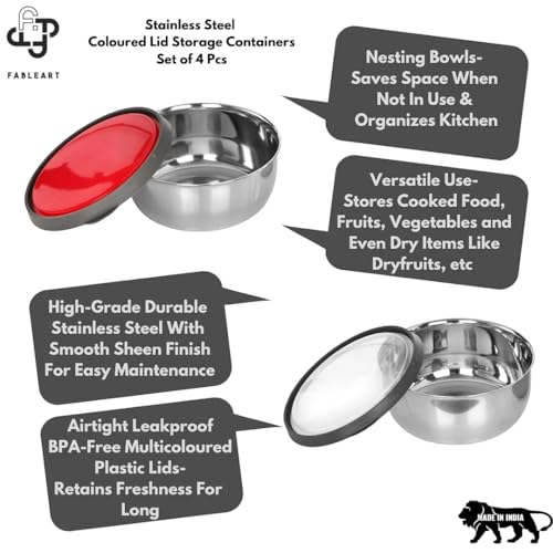 Image of Stainless Steel Food Storage Containers with Coloured Airtight Plastic Lids; Kitchen Lid Bowl Set; 4Pcs (350ml, 650ml, 950ml, 1250ml) (REGULAR PRINT)
