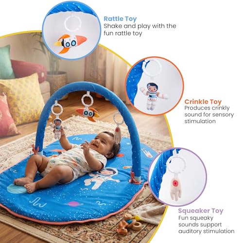 Image of Space Cubs Baby Play Gym & Activity Mat for Newborns | Tummy Time Play Mat with Hanging Sensory Toys, Mirror & Rattles Playgym for Infants