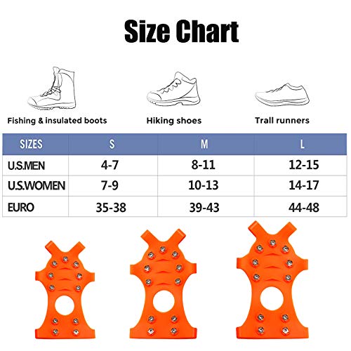11 Spikes Crampons, Upgraded Version Stainless Steel Anti-Slip Microspikes, Ice Cleats Grips for Hiking Shoes and Boots, Hiking Fishing Walking Mountaineering (Orange, Large:Men(10-13.5)/EU:44-48)