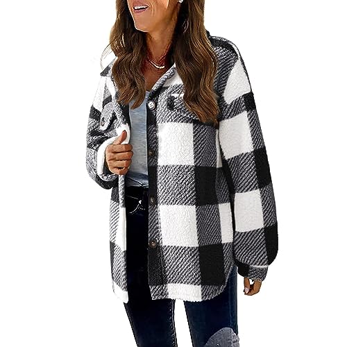 midelxp Fuzzy Sherpa Jacket Women Plaid Button Down Fuzzy Shirt Jackets Comfy Fluffy Fuzzy Sweater Outerwear Winter Coats2