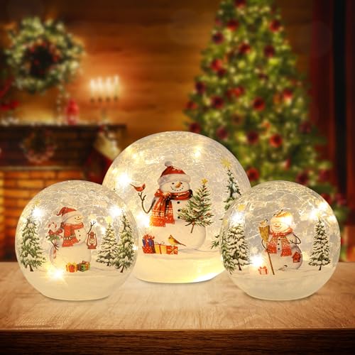 YEAHOME Christmas Decorations Indoor,Set of 3 Snowman Crackle Glass Ball