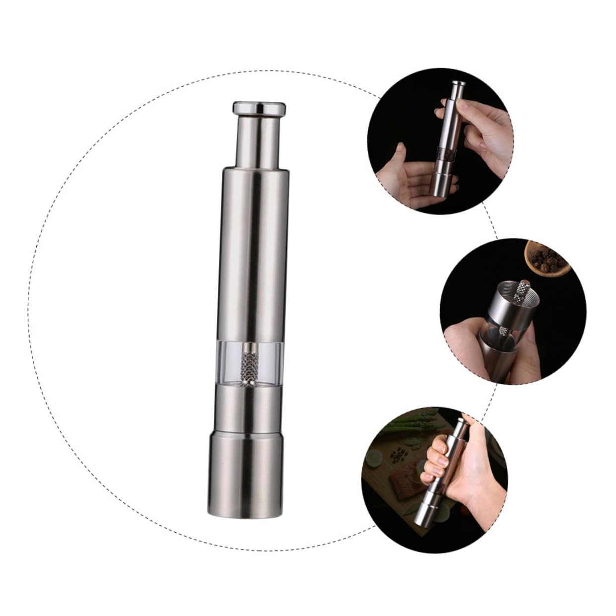 minkissy Pfeffermühle aus Edelstahl mit Feinem Mahlwerk und Druckknopfbedienung Silberfarbene Gewürzmühle zum Würzen in Küche