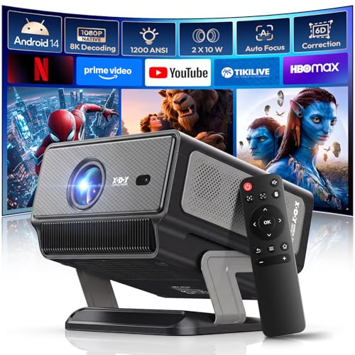 Vidéoprojecteur 4K Xgody A8, Natif FHD 1080P Projecteur Video 1200 ANSI, Autofocus, Correction Trapézoïdale 6D, 20W HiFi, Android 14, WiFi 6, Rétroprojecteur Portable Home Cinema Jour Jardin Extérieur