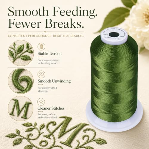 Image of Simthread 5500Yds Embroidery Thread, 5000M High-Yardage 40WT 100% Polyester Thread - 170+ Vivid Colors, High-Speed Rated - Compatible with Brother, Singer, Janome & More - Moss Green 515 | 5000M 40WT polyester thread feeds smoothly for home or commercial embroidery projects.