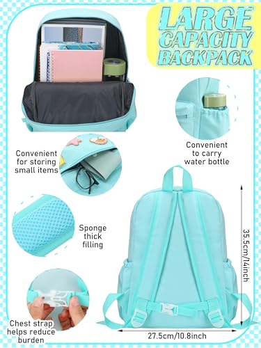 Preppy School Backpack Set for Girls Backpack and Lunch Bag with Chenille Patches Preppy Bookbag Lunch Bag for Back to School Gift(Light Blue)2