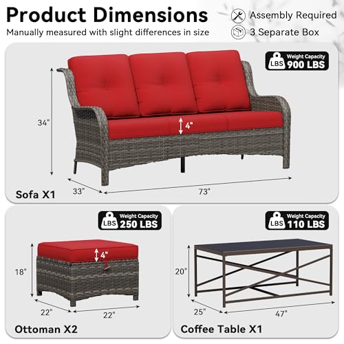 Image of 4-Piece Outdoor Couch Set, Includes Wicker Patio Sofa with Thickened Olefin Cushions, High Back and Deep Seating, Hand-Woven PE Rattan and 2 Ottomans, 1 Coffee Table for Porch, Deck