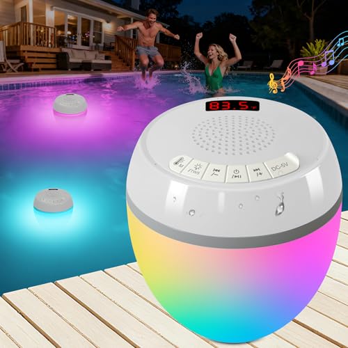 LanAqua 3 in 1 Bluetooth Pool Speaker with Digital Thermometer, Floating Pool Speaker with Colorful Lights,Hot Tub Speakers IP68 Waterproof, TWS Portable Speaker, Loud Sound Speakers for Pool-White