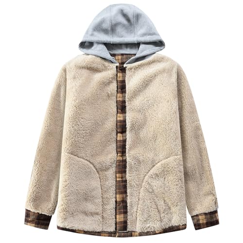 Image of Men's Cotton Plaid Shirt Jacket Fleece Flannel Sherpa Button Down