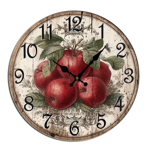 Horienteeon Reloj de pared de frutas de manzana, de madera, decorativo, silencioso, sin tictac, funciona con pilas, para dormitorio, baño, sala de estar, oficina, escuela, cocina, redondo, 25,4 cm
