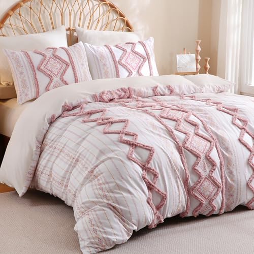 Image of Herside 100% Cotton Boho Duvet Cover Set King Size,Shabby Chic Aztec Western Pink Tufted Bedding,Farmhouse Luxury 3 Piece Textured Quilt Duvet Set for All Season Home Decor