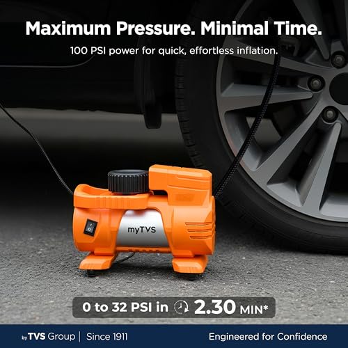 Image of myTVS Air Thunder Digi Tyre Inflator for Car and Bike with LED Torch (100 PSI, Auto Stop, Digital Meter, Durable Metal Body, 3m Cord) | Air Pump for Car Tyre Inflator Pump TI-88, 1+1 Years Warranty