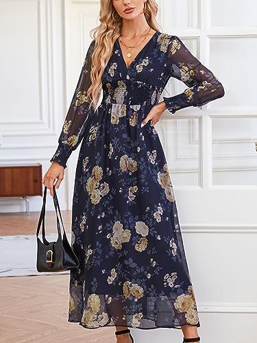 Women's Casual Boho Floral Maxi Dress Deep V Neck Long Sleeve Evening Party Dresses3