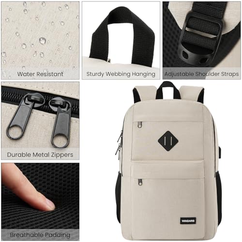 Backpack for Men and Women, School Backpacks for Teens Boys, 15.6 Inch Laptop Bookbag Classic Computer Bag with 2 Compartment & USB Charger Port for College Work Travel Business (Beige)4