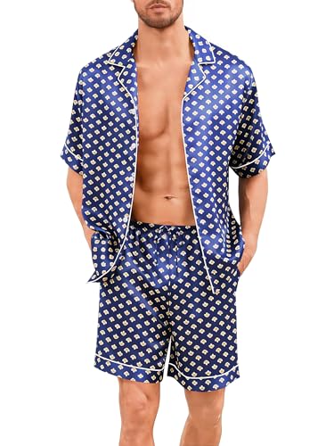 Image of SWOMOG Men Silk Pajama Set Short Sleeve Satin PJs Sets 2 Piece Button Down Sleepwear Soft Summer Loungewear with Pockets