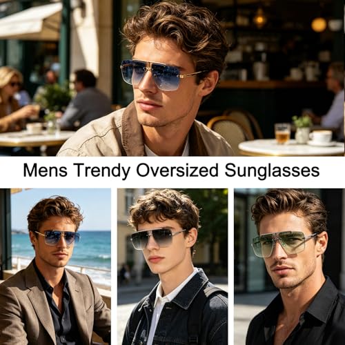 Image of Rimless Oversized Square Sunglasses for Men Trendy Fashion Big Shades Tinted Lens Gold Metal Frameless Glasses UV400