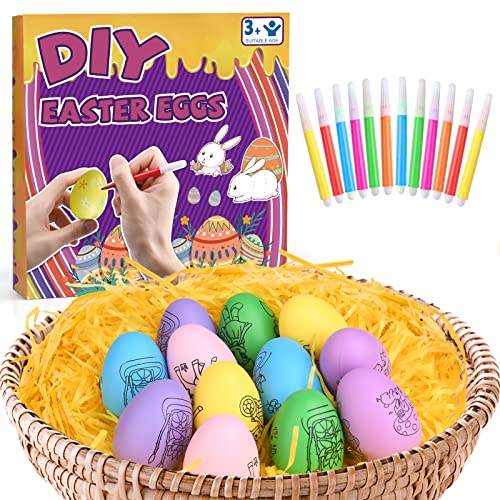 Auney 12 Pcs Easter Hanging Eggs,Egg Painting Toy With 12 Markers,Colorful Easter Eggs Decorating Kit Hand-Painted Hanging Ornaments For Easter Tree Basket Decor #TOP6