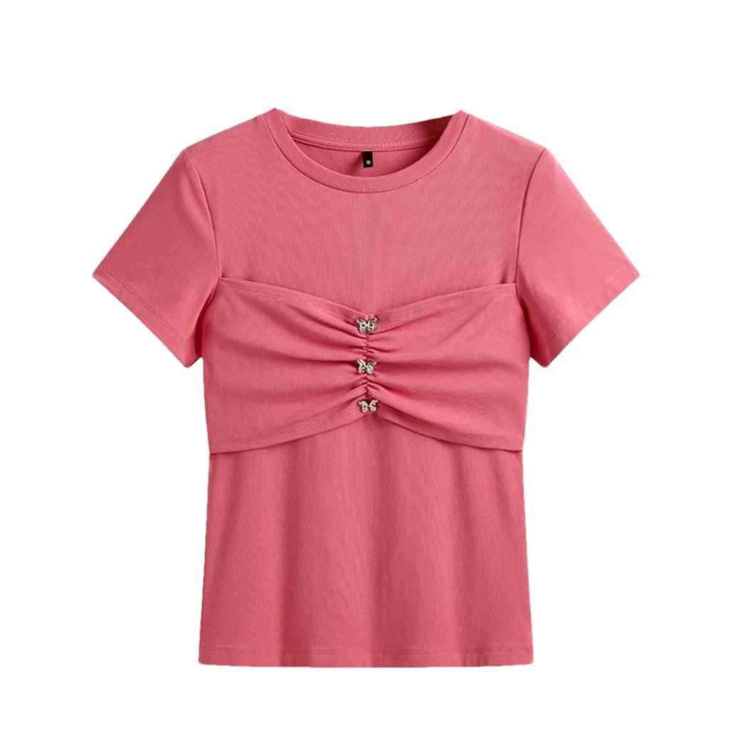 T-shirt da donna con fiocco in cotone slim fit girocollo manica corta tinta unita casual top