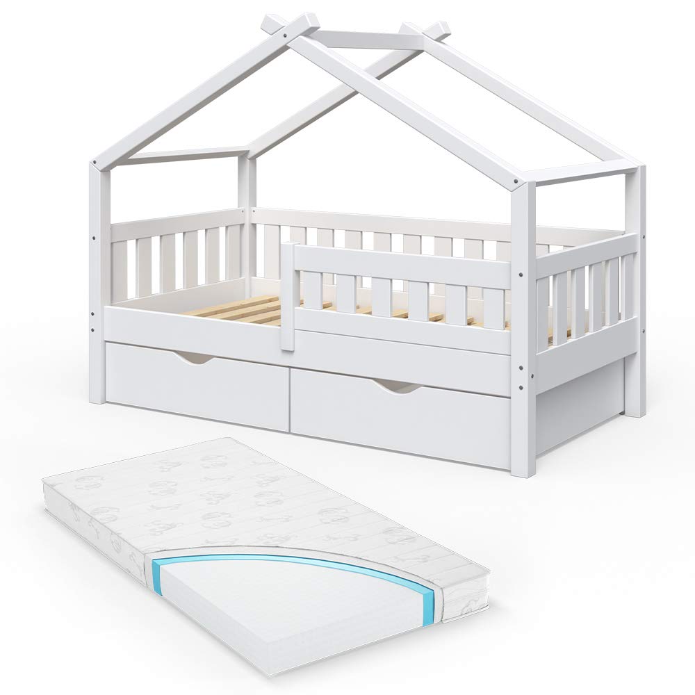 VitaliSpa Letto montessori bambini Design, Bianco, 80x160 cm | con 2 cassetti e materasso, adatto come area giochi e zona notte per bambini