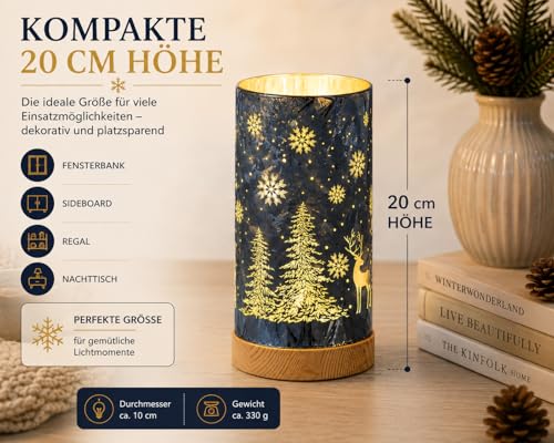 formano LED Tischlampe Deko Winterblau Stimmungslicht Zylinder 20 cm mit Holzsockel, Farbglas in geeister Optik, warmweißes LED Licht mit 6/18 Std. Timer für Herbst Weihnachten Fensterbank – Bild 4