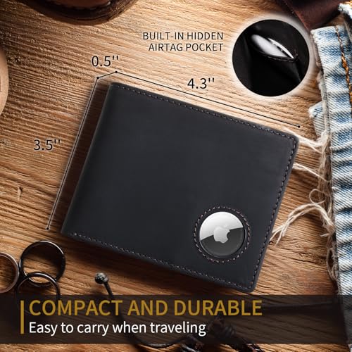 AirTag Wallet for Men, Premium Genuine Crazy Horse Leather Wallet with Air Tag Holder, RFID Blocking Bifold Full Grain Genuine Leather Wallet for Men (Black)2
