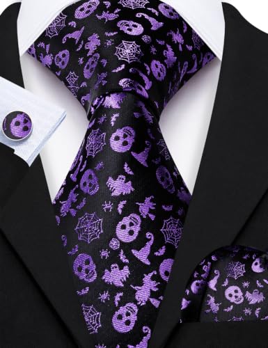 Image of Barry.Wang Men Tie Sets Skull Extra Long Necktie Pocket Square Cufflinks