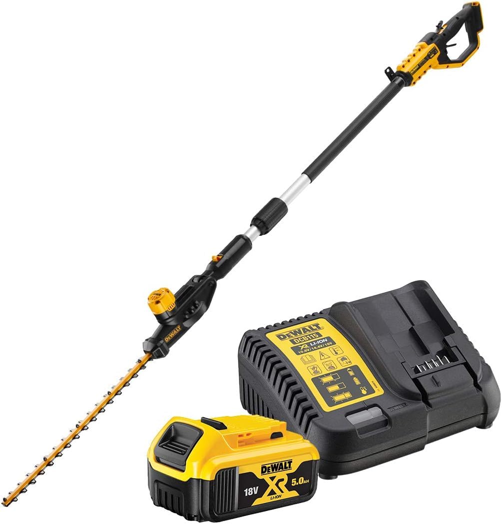 DEWALT - Taille-Haies sur Perche Brushless XR 18V 5Ah Li-ION - DCMPH566P1-QW & Élagueuse sur Perche Brushless XR 18V 5AH Li-ION - Élagueuse sans Fil - 4,5 m de Portée, Tête Inclinée et Guide