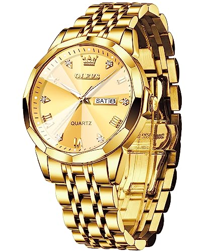 OLEVS Montres pour Hommes Diamond Business Wear analogique Quartz Acier Inoxydable étanche Lumineux Date Bicolore Luxe Casual Watch,Doré